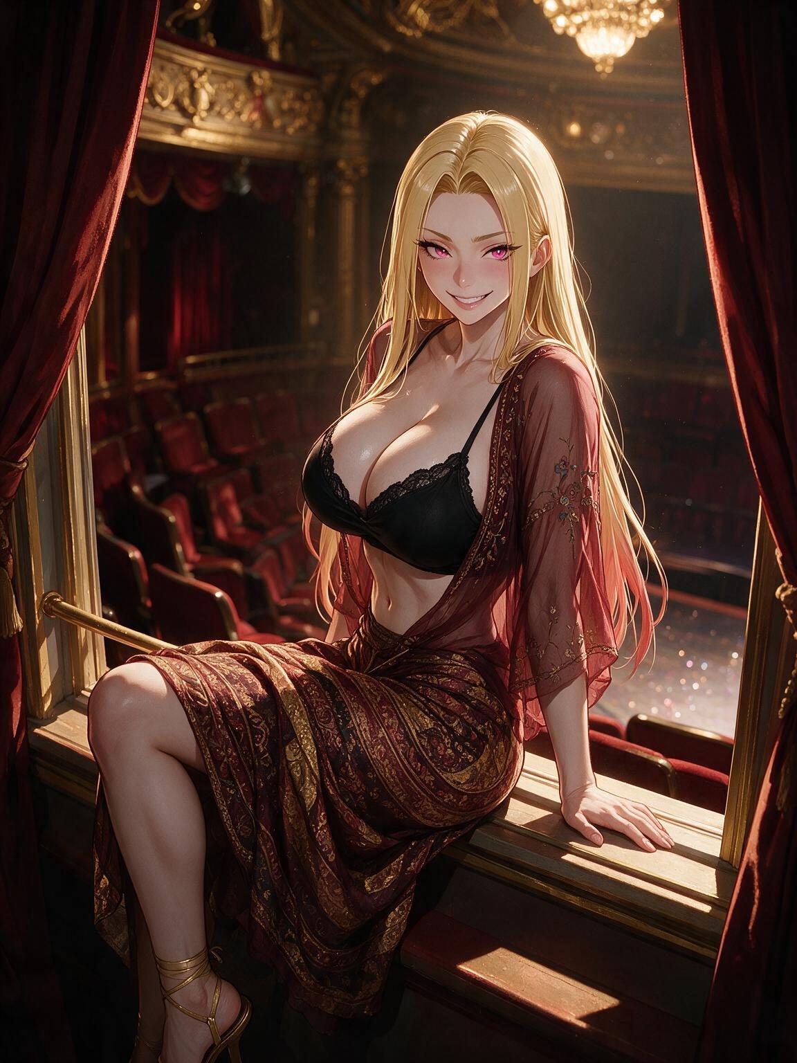 Anime girl Bianca sitting on the rail of a gilded opera box in a sheer burgundy robe over a black lace bra and paisley skirt