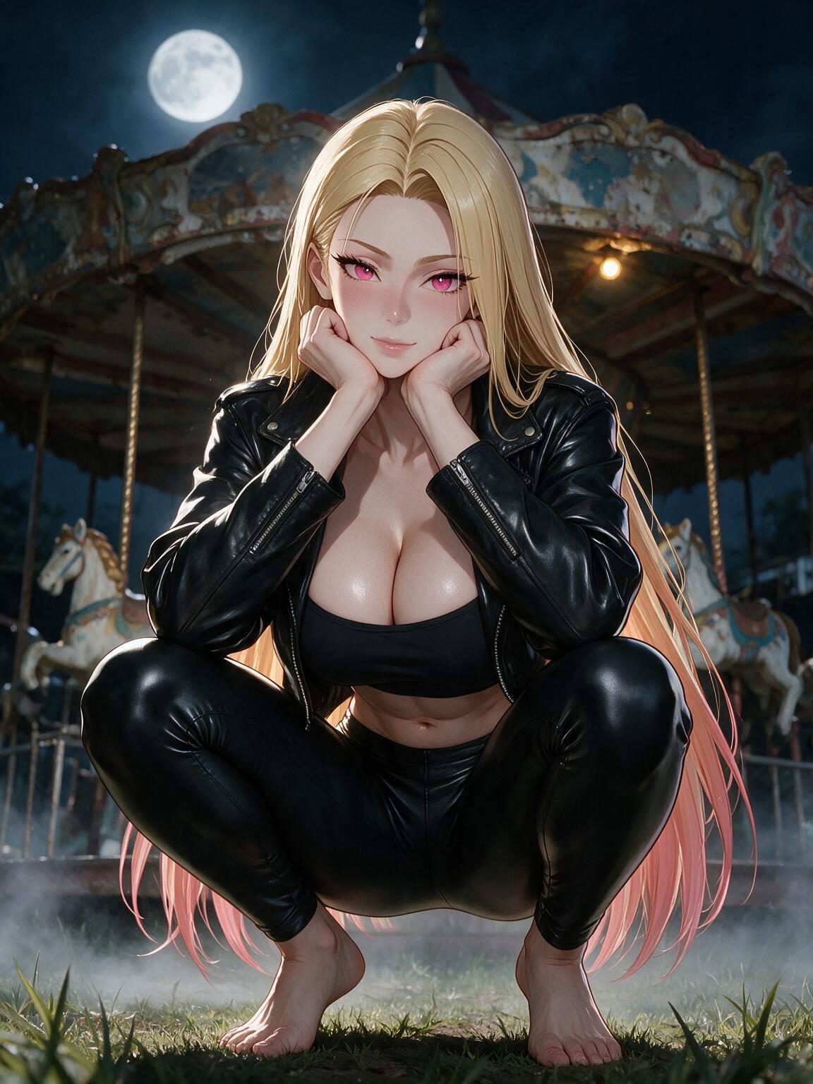 Anime girl Bianca squatting barefoot in a black leather jacket, bandeau and leather pants