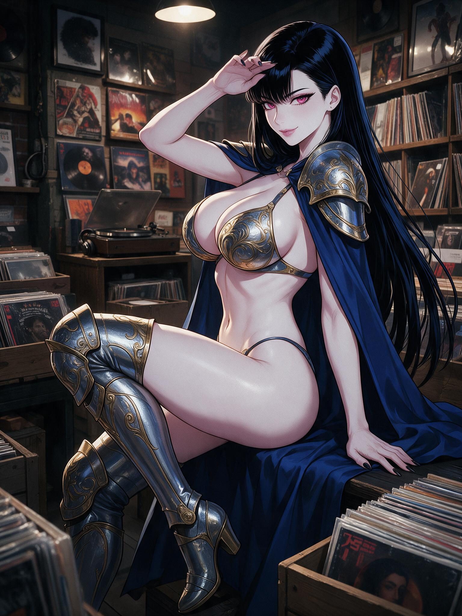 Busty anime girl Seraphina in silver fantasy bikini armor with a blue cape and armored thigh boots sitting in a record store