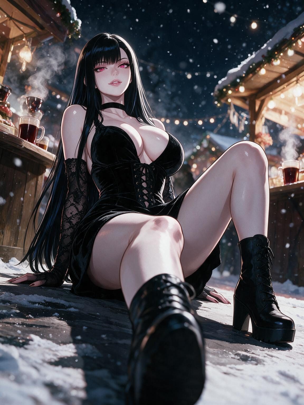 Busty gothic anime girl Seraphina in a black velvet corset dress and platform boots sitting in the snow at a night market