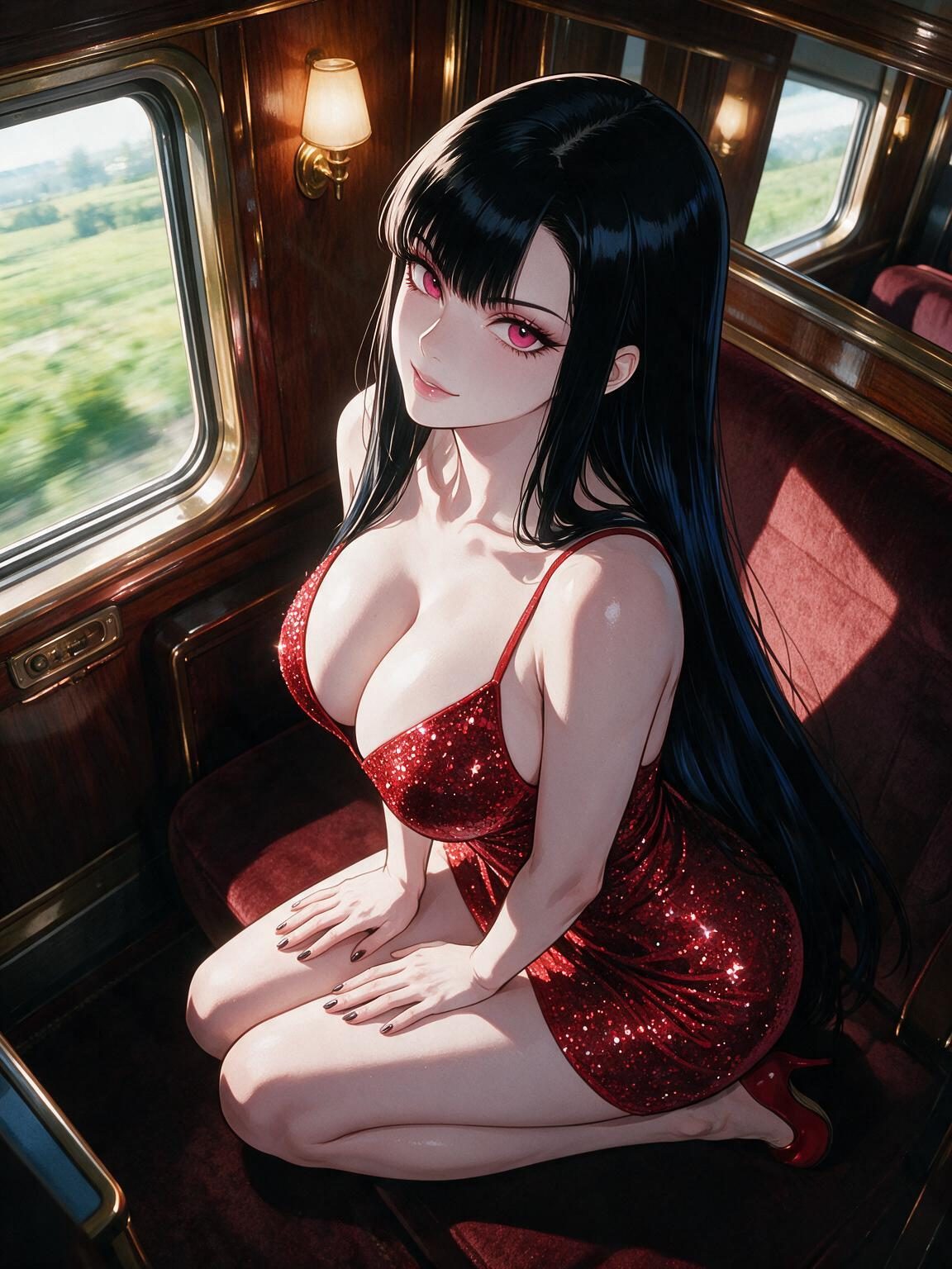Busty anime girl Seraphina in a red sequin mini dress kneeling on a velvet seat in a vintage train compartment, looking up