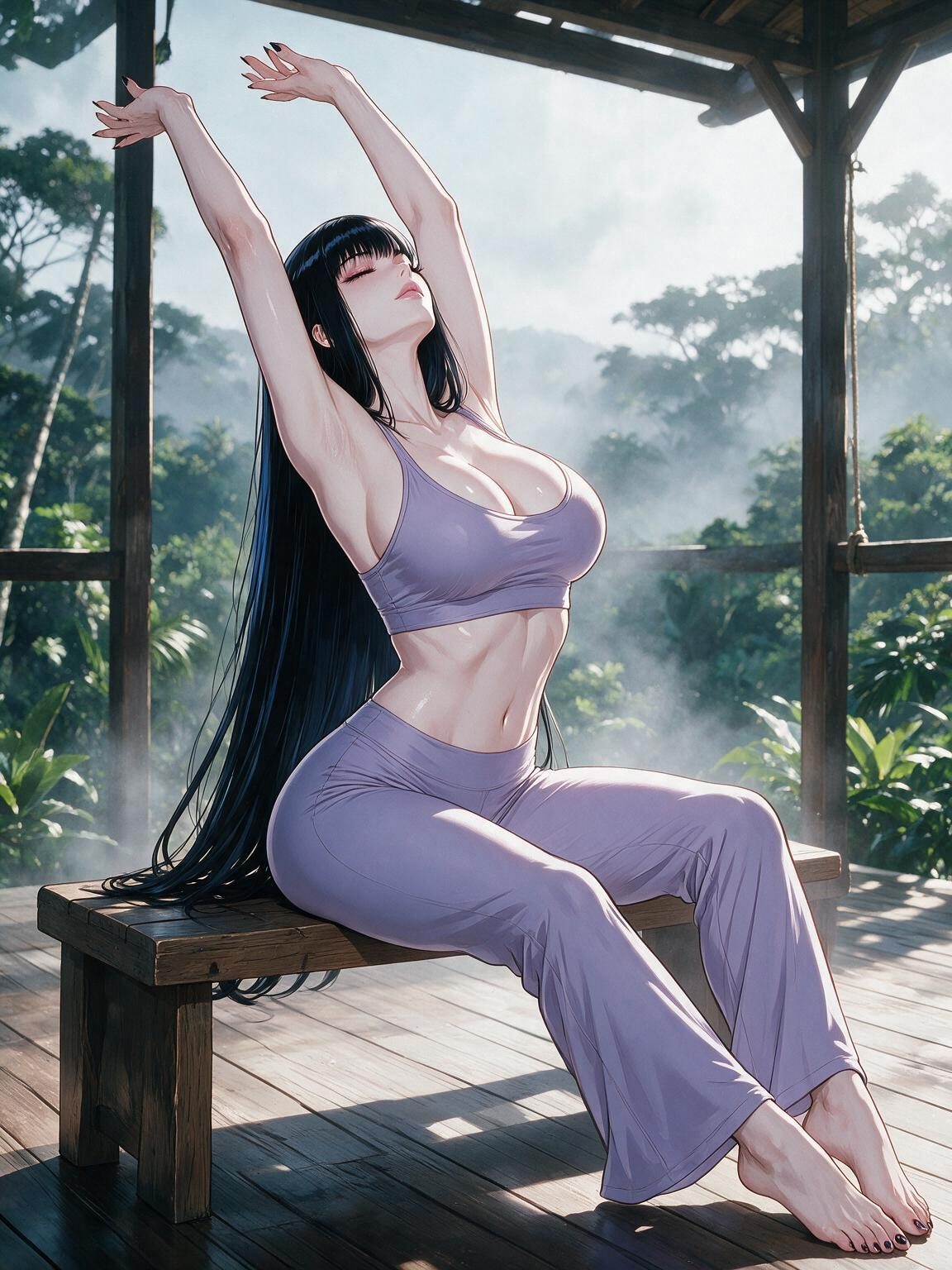 Busty anime girl Seraphina in lilac yoga wear stretching back on a bench with arms overhead on a misty jungle deck
