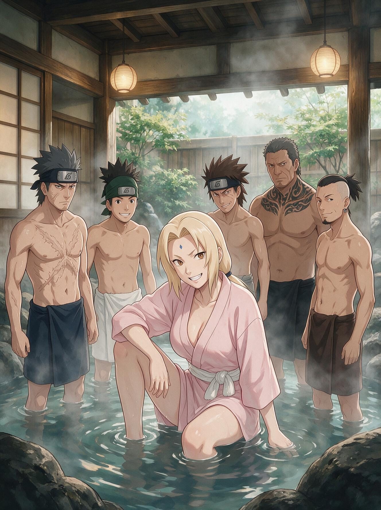 Tsunade from Naruto in a pink yukata crouching in a bathhouse pool with five shirtless Konoha shinobi standing behind her