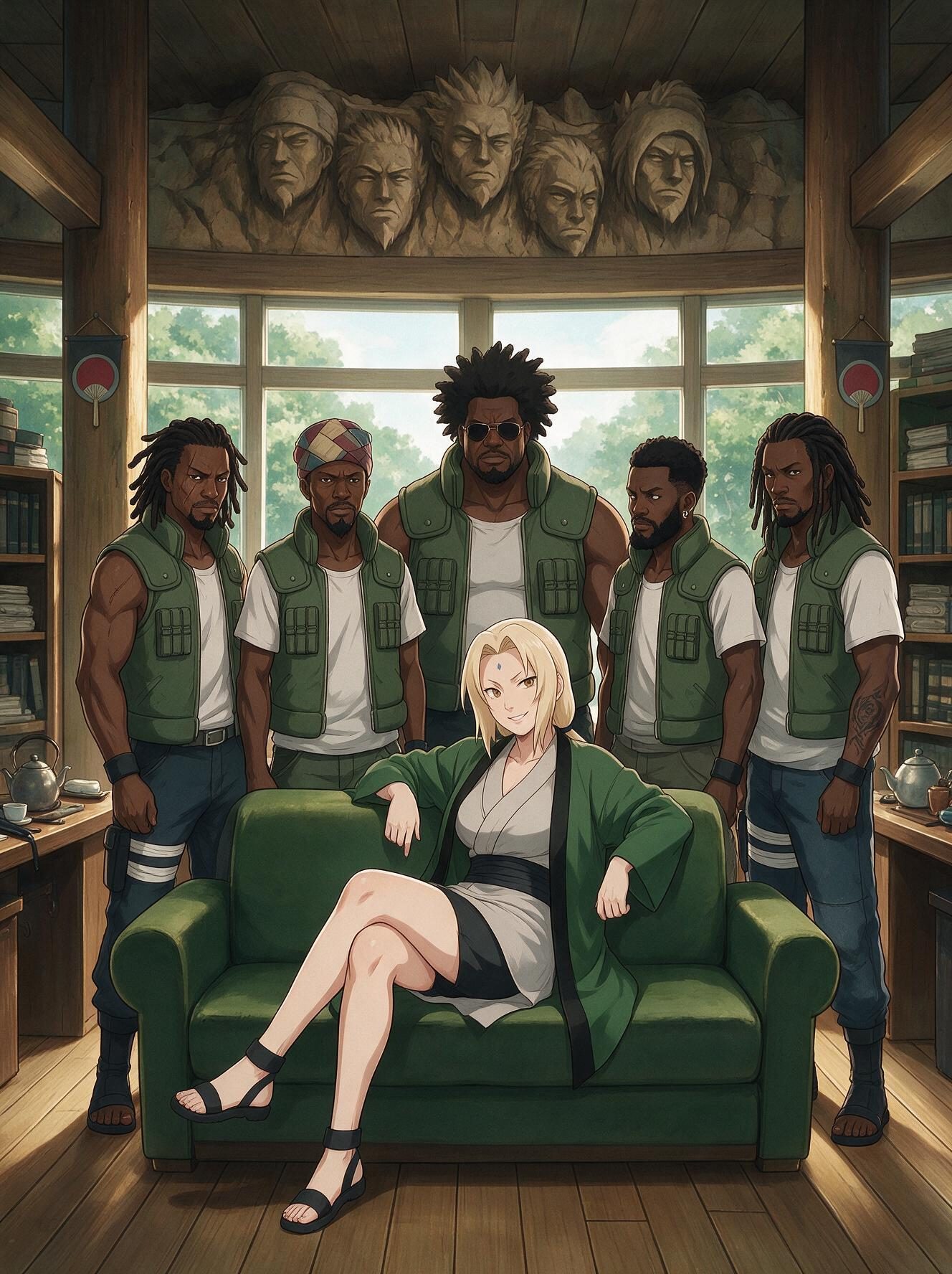 Tsunade from Naruto sitting cross-legged on a green couch with five Konoha shinobi in flak jackets standing behind her