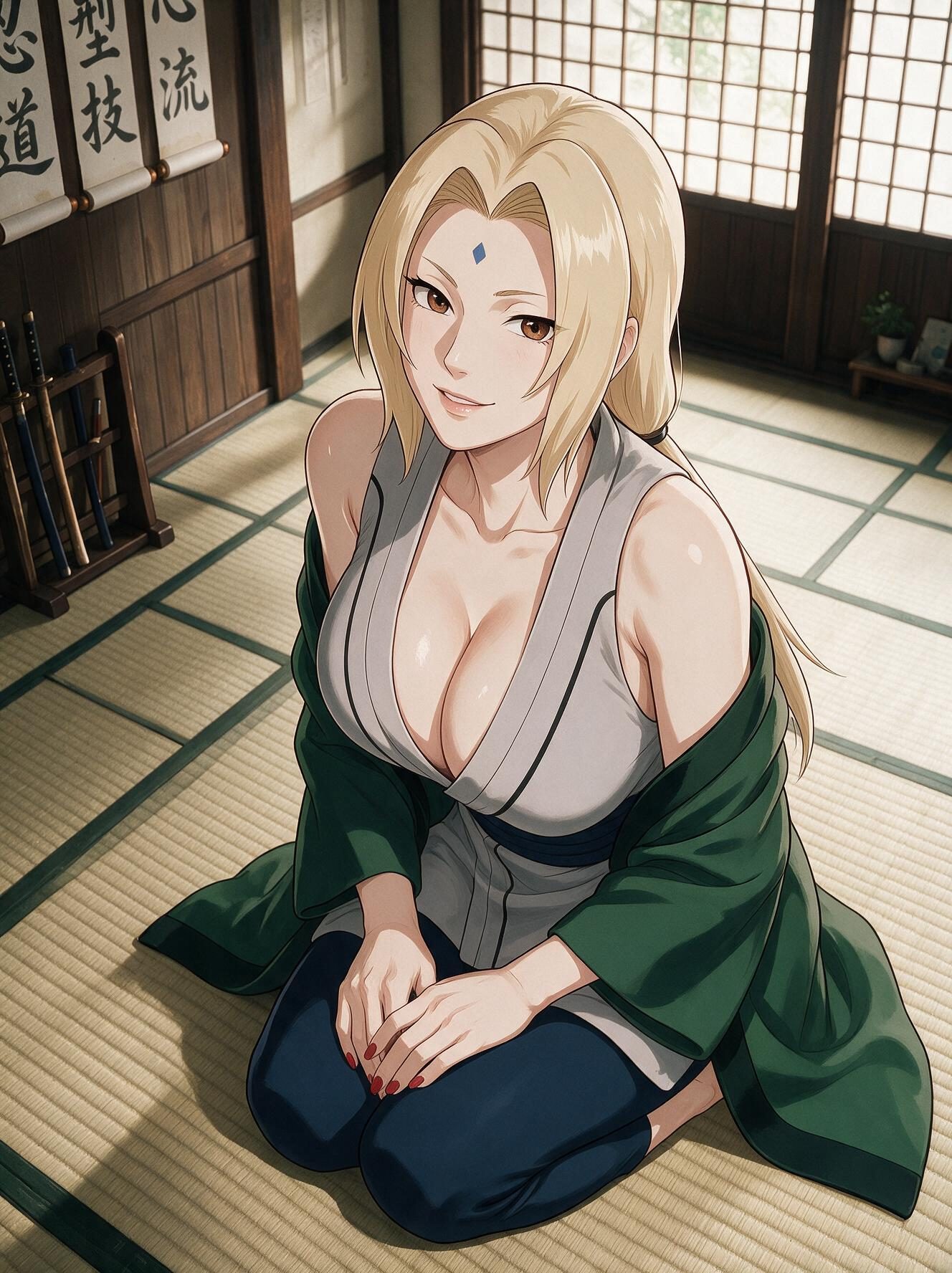 Tsunade from Naruto kneeling in seiza on tatami in a dojo, hands folded, smiling up at the viewer