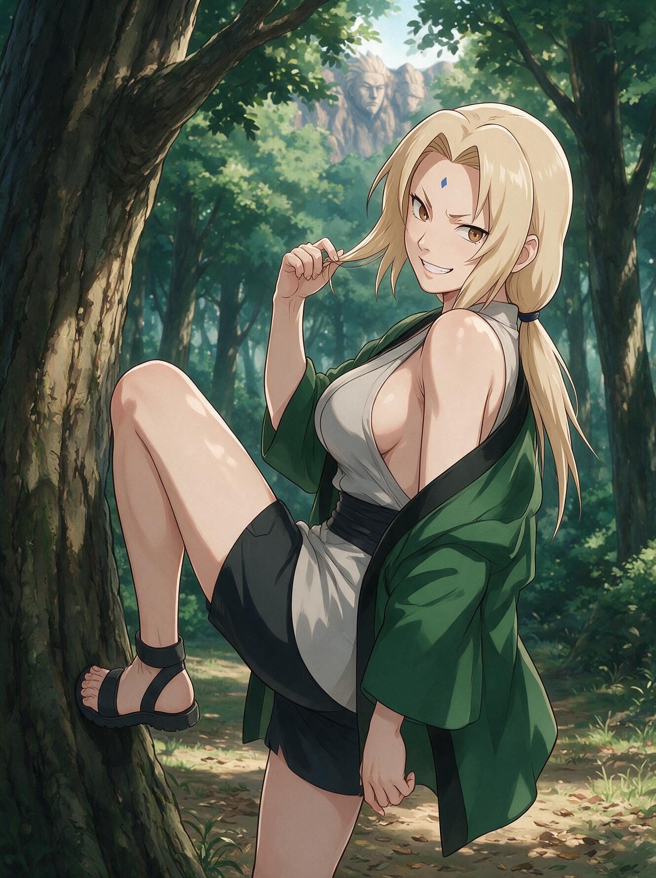 Tsunade from Naruto with one foot against a forest tree, twirling her ponytail and grinning, Hokage Rock in the background