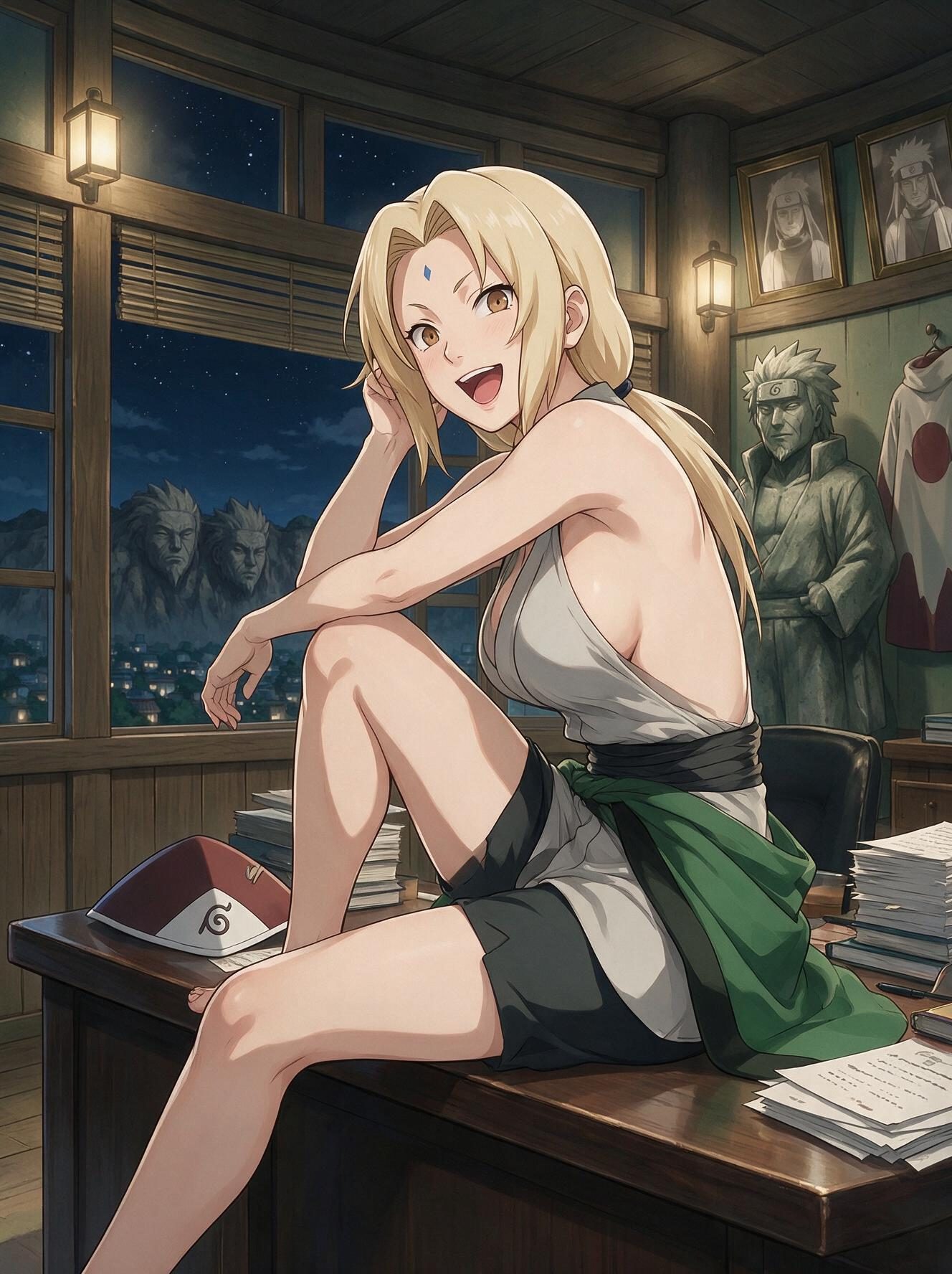 Tsunade from Naruto sitting on the Hokage's desk at night, laughing, Hokage hat beside her and portraits behind