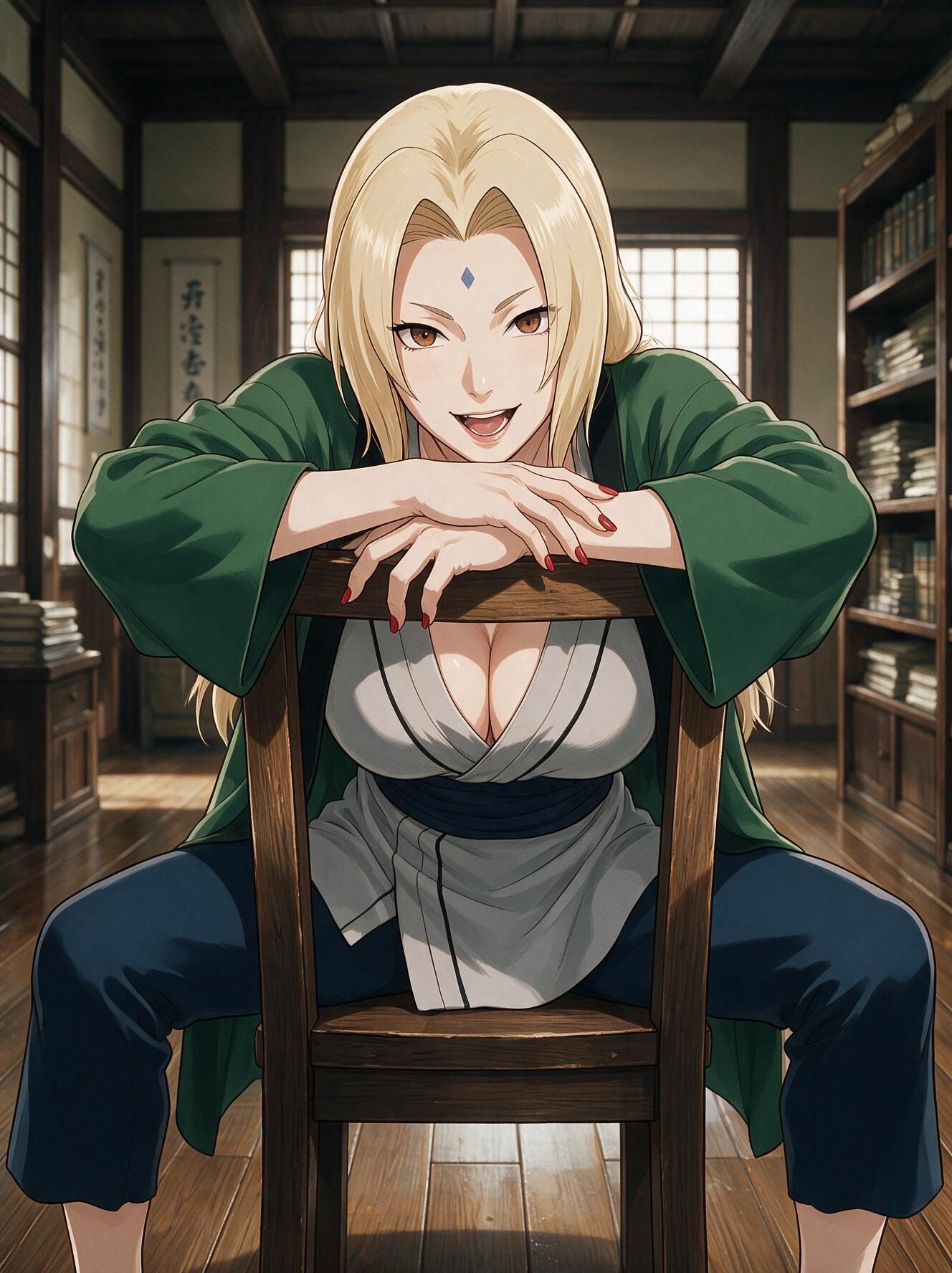 Tsunade from Naruto sitting backwards on a wooden chair in a library, arms crossed on the backrest, laughing