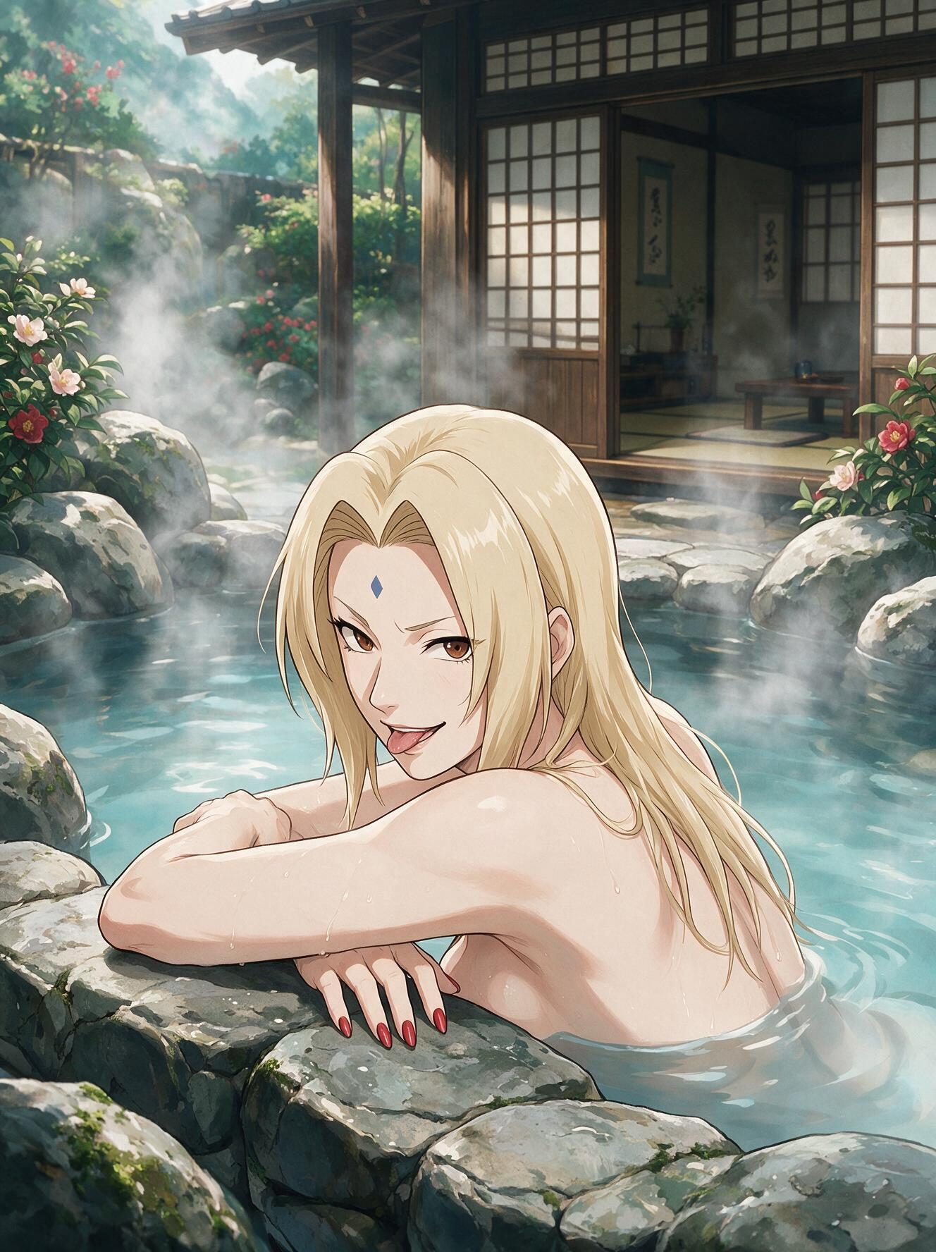 Tsunade from Naruto bathing in a steamy rocky onsen, seen from behind with arms on the stones and tongue out