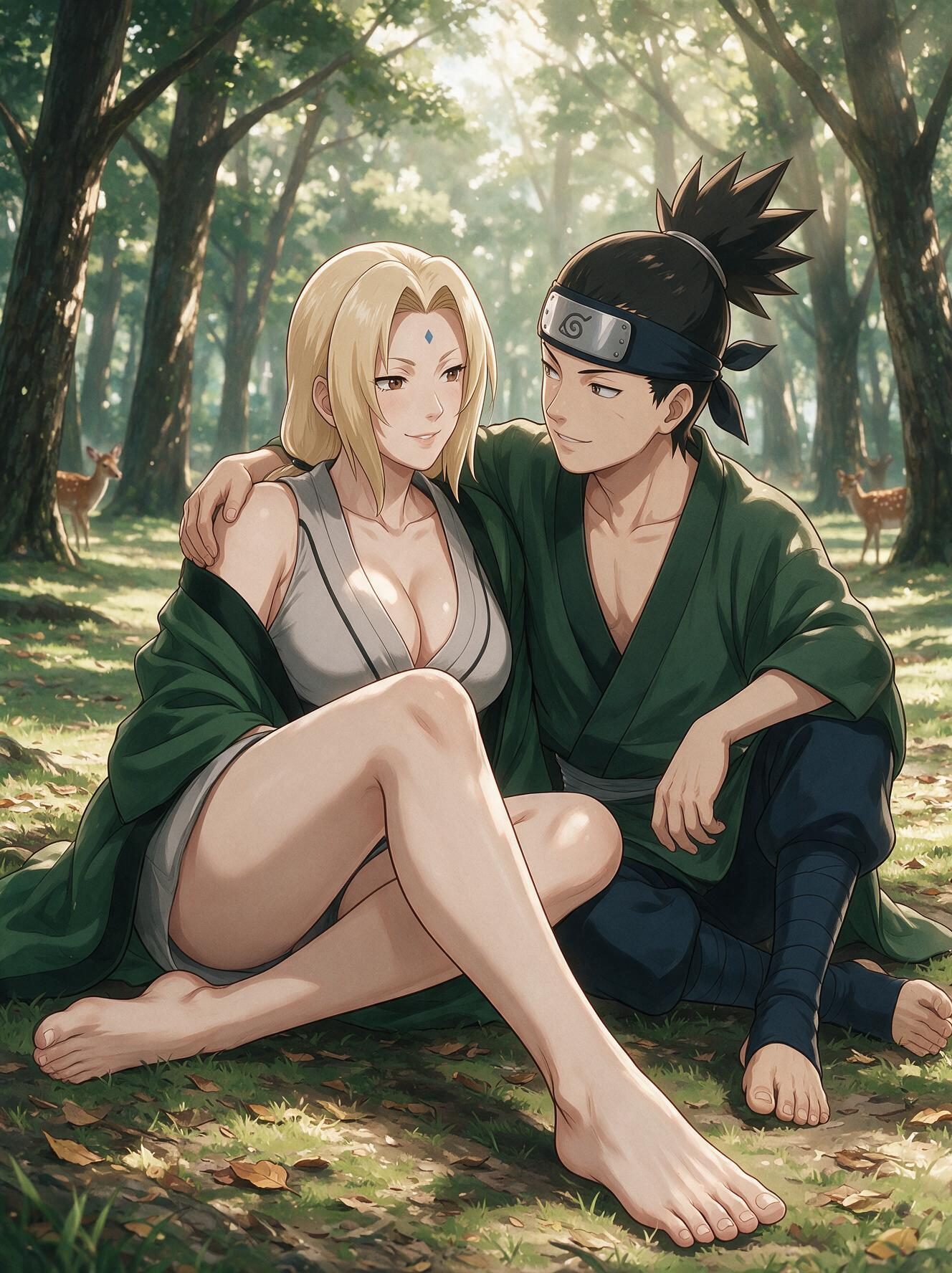 Tsunade from Naruto sitting barefoot in a forest with Shikamaru's arm around her shoulder, deer grazing behind them