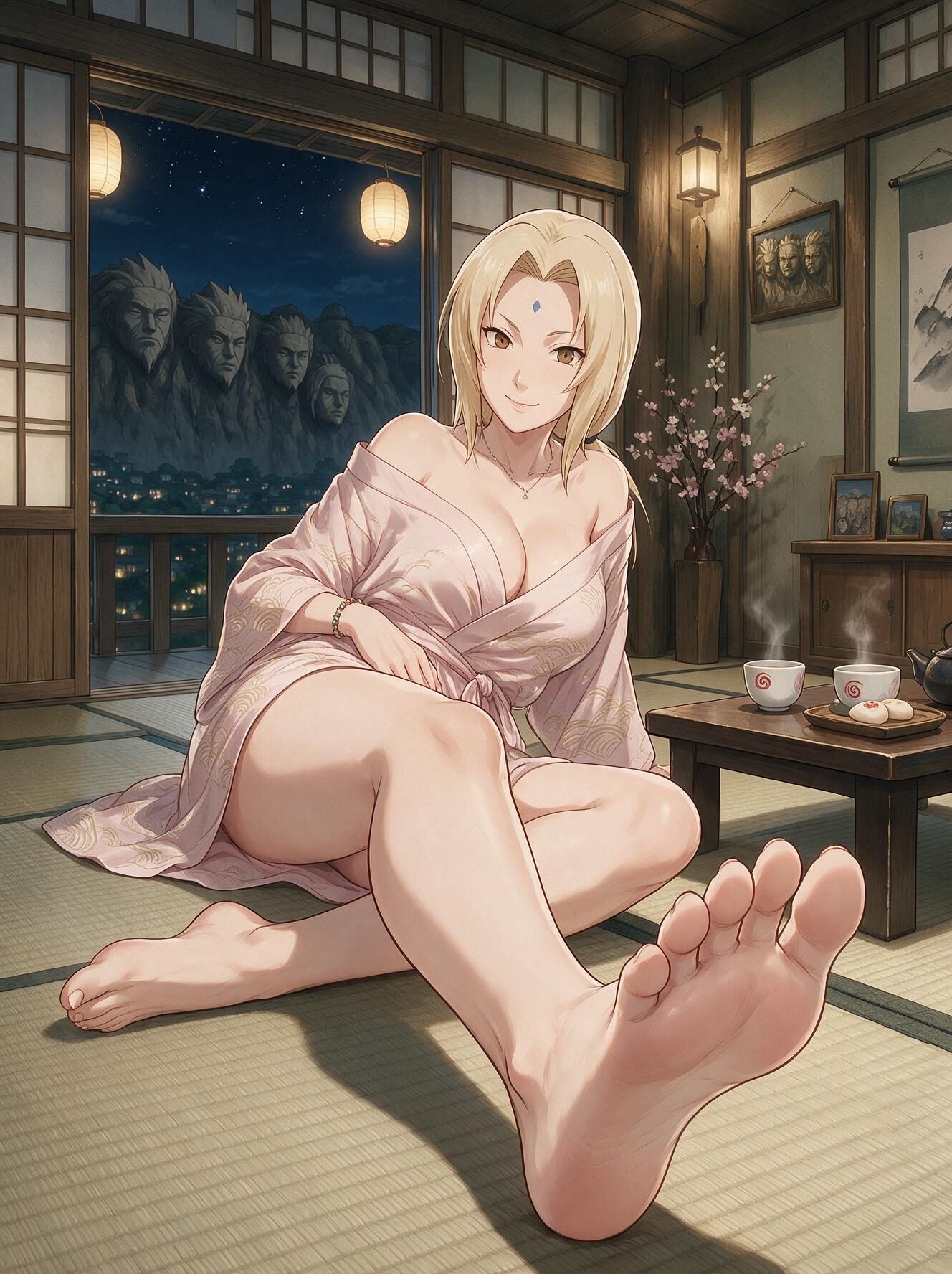 Tsunade from Naruto on tatami at night in an off-shoulder pink yukata, bare foot toward the viewer, tea beside her