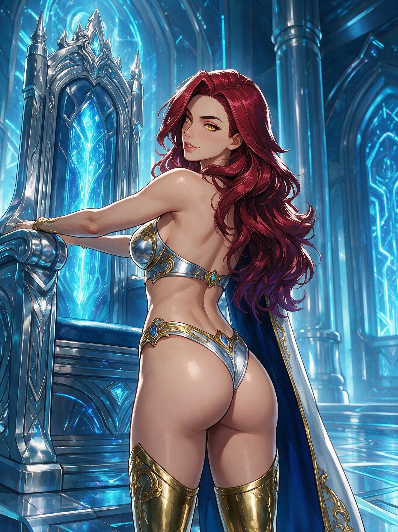 Curvy redhead anime warrior Valentina in silver and gold bikini armor with a blue cape looking back from a glowing ice throne