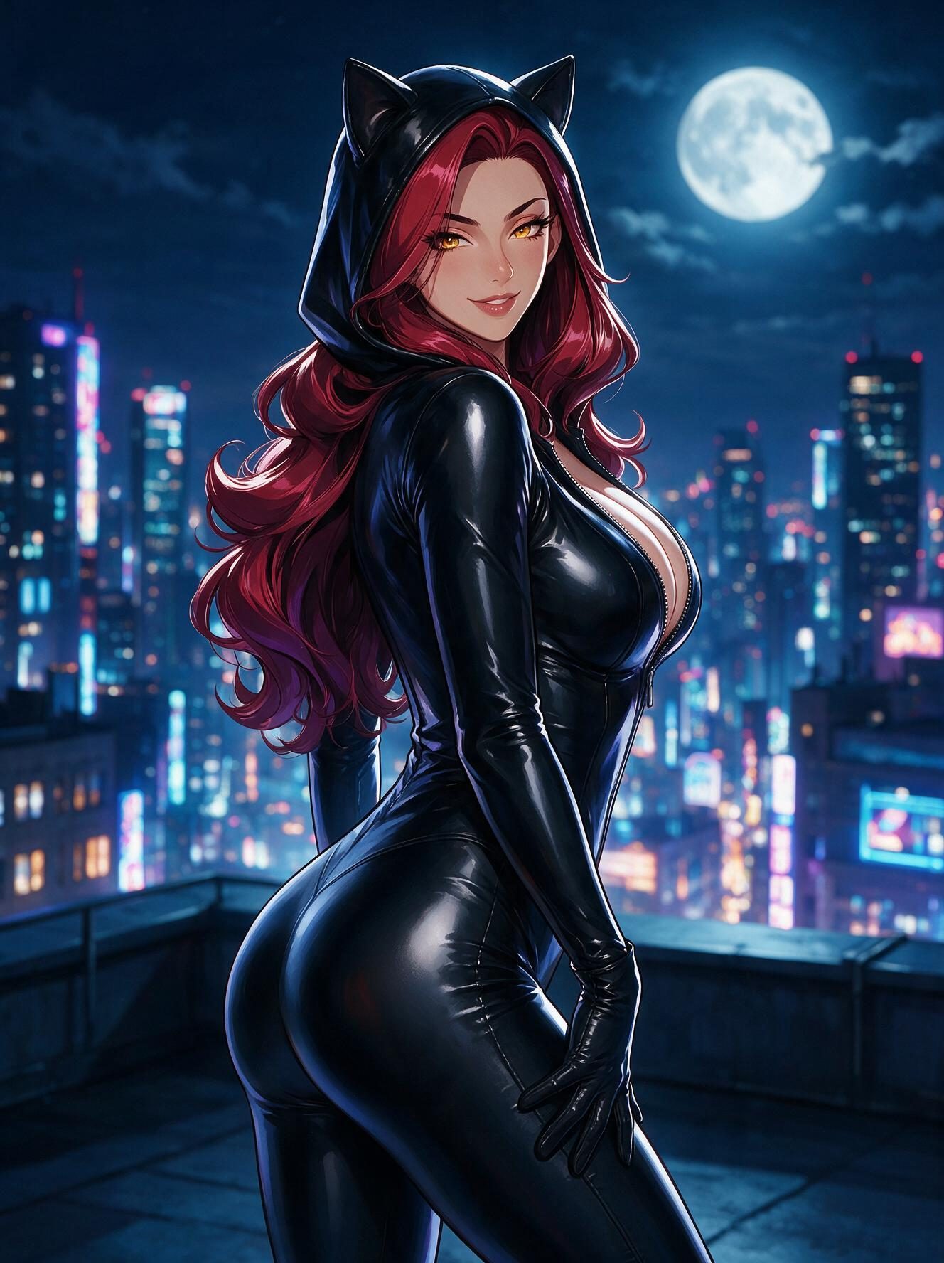 Curvy redhead anime girl Valentina in a black latex catsuit with cat-ear hood on a rooftop under a full moon