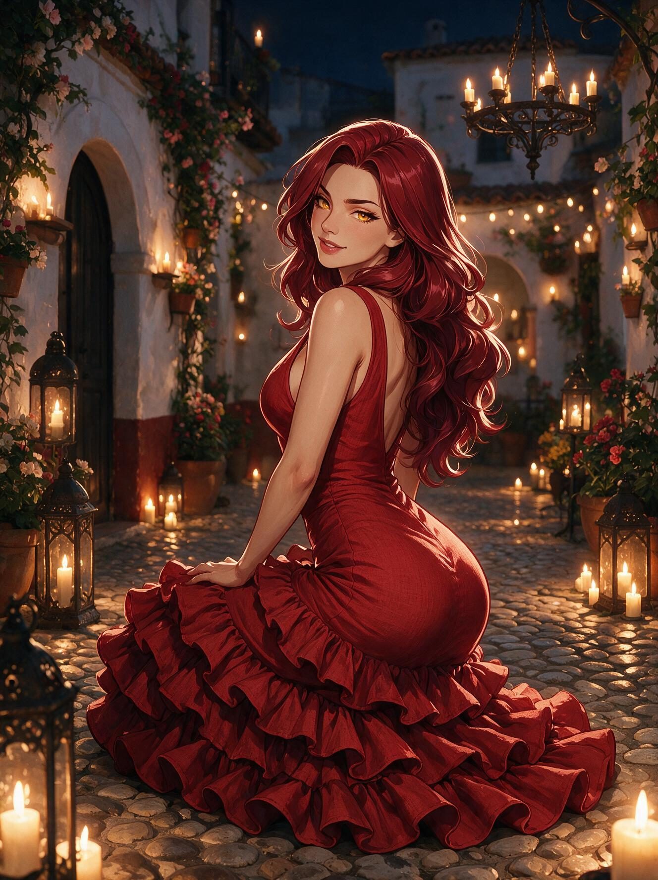 Curvy redhead anime girl Valentina in a ruffled red flamenco dress sitting on cobblestones in a candlelit courtyard