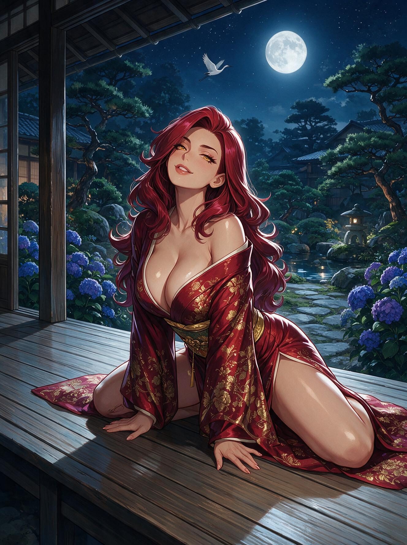 Busty redhead anime girl Valentina in a red and gold kimono off one shoulder on a veranda in a moonlit Japanese garden