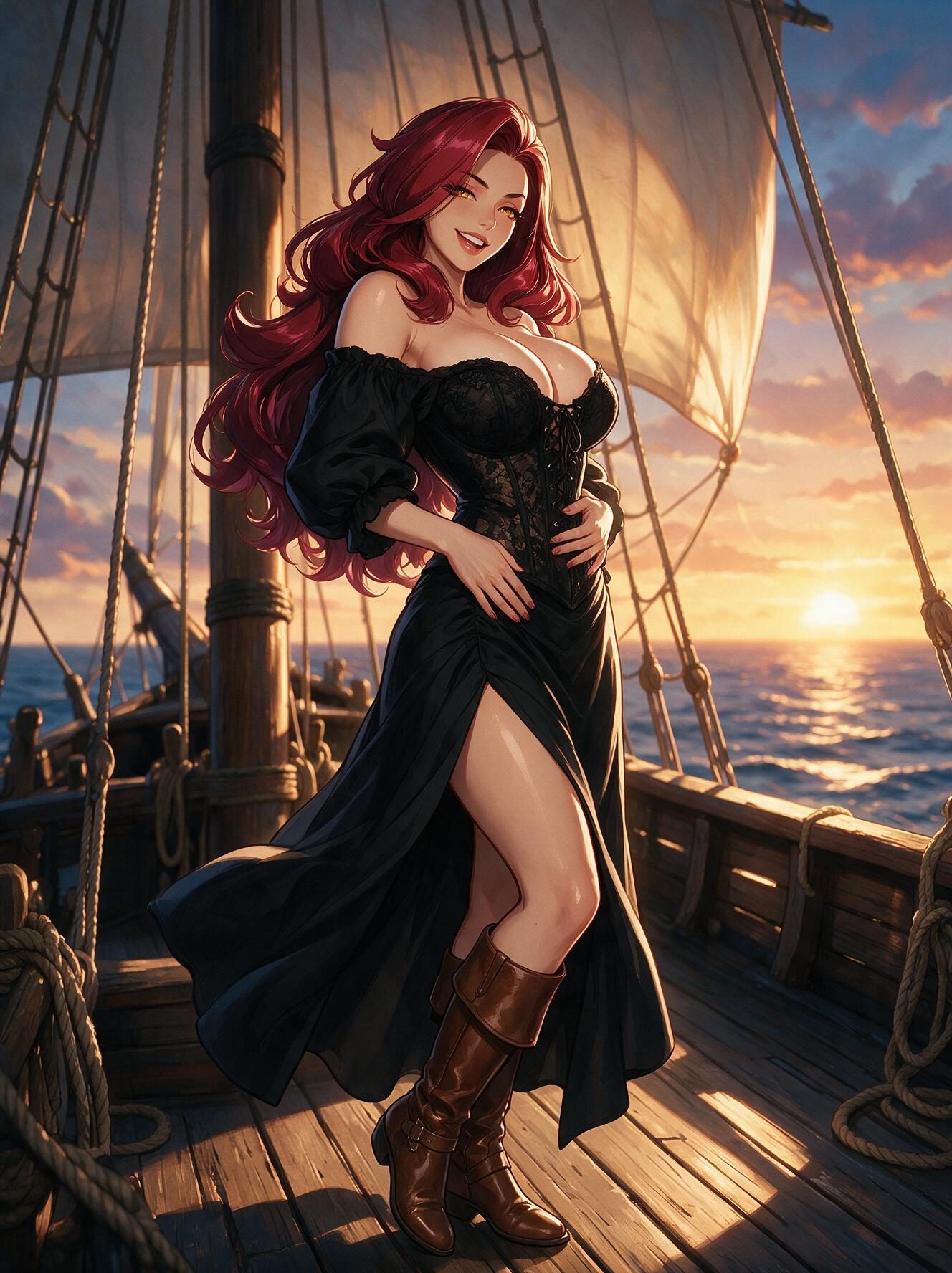 Busty redhead anime pirate Valentina laughing on a ship deck at sunset in a black lace corset and leather boots