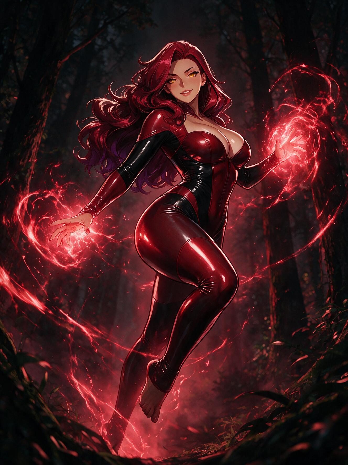 Curvy redhead anime superheroine Valentina in a red and black latex suit in a dark forest with crimson magic around her hands