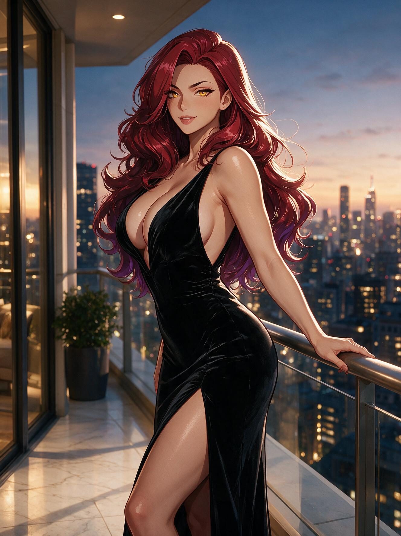 Busty redhead anime girl Valentina in a plunging black velvet gown leaning on a penthouse balcony rail at dusk