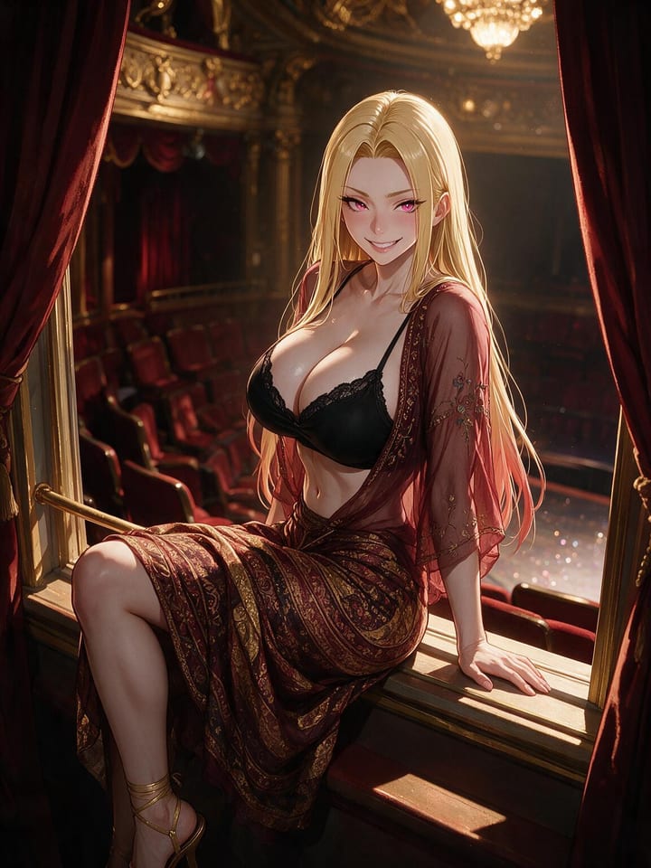 Anime girl Bianca sitting on the rail of a gilded opera box in a sheer burgundy robe over a black lace bra and paisley skirt