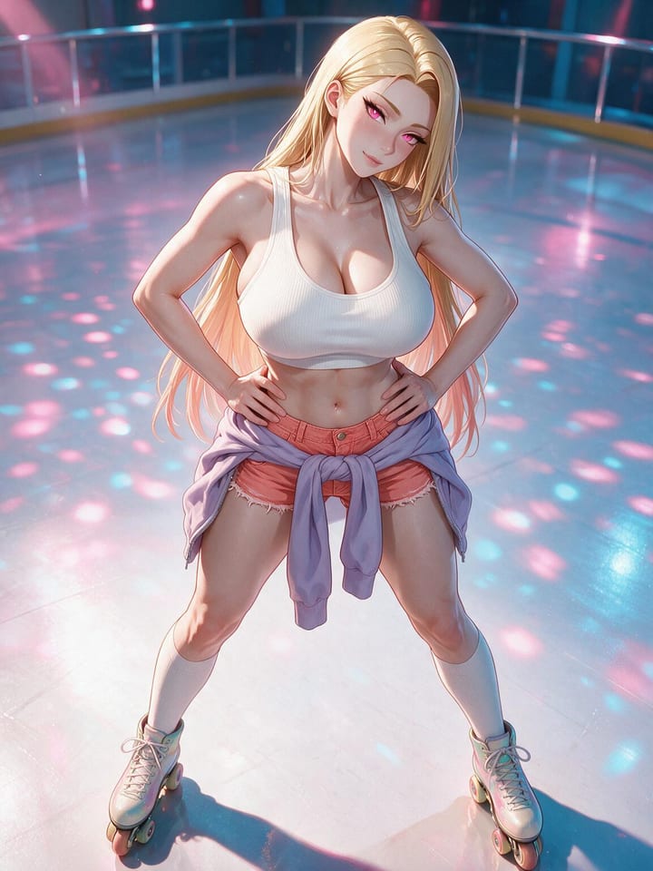 Anime girl Bianca standing hands on hips in a white tank, coral shorts and pastel roller skates on a disco-lit roller rink