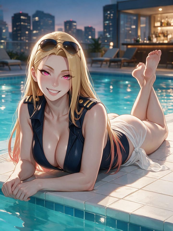 Anime girl Bianca lying on a rooftop pool edge at dusk with feet kicked up in a navy captain one-piece and white sarong