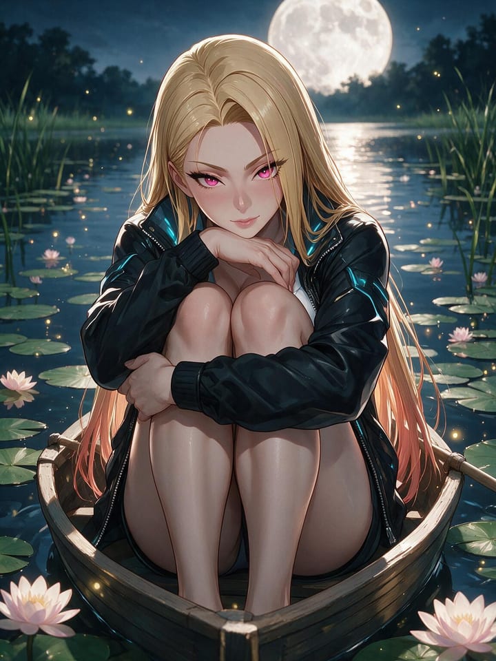 Anime girl Bianca hugging her knees in a wooden rowboat on a moonlit lily pond with fireflies, in a black techwear jacket