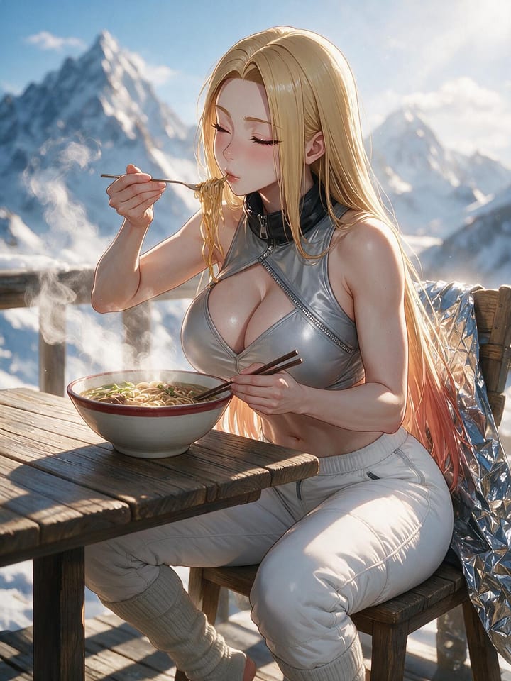 Anime girl Bianca eating ramen with eyes closed on a snowy mountain terrace in a silver zip crop top and white ski pants