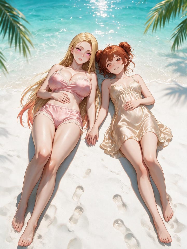 Blonde anime girl Bianca in a pink satin cami set lying on white sand beside a redhead in a champagne slip, seen from above