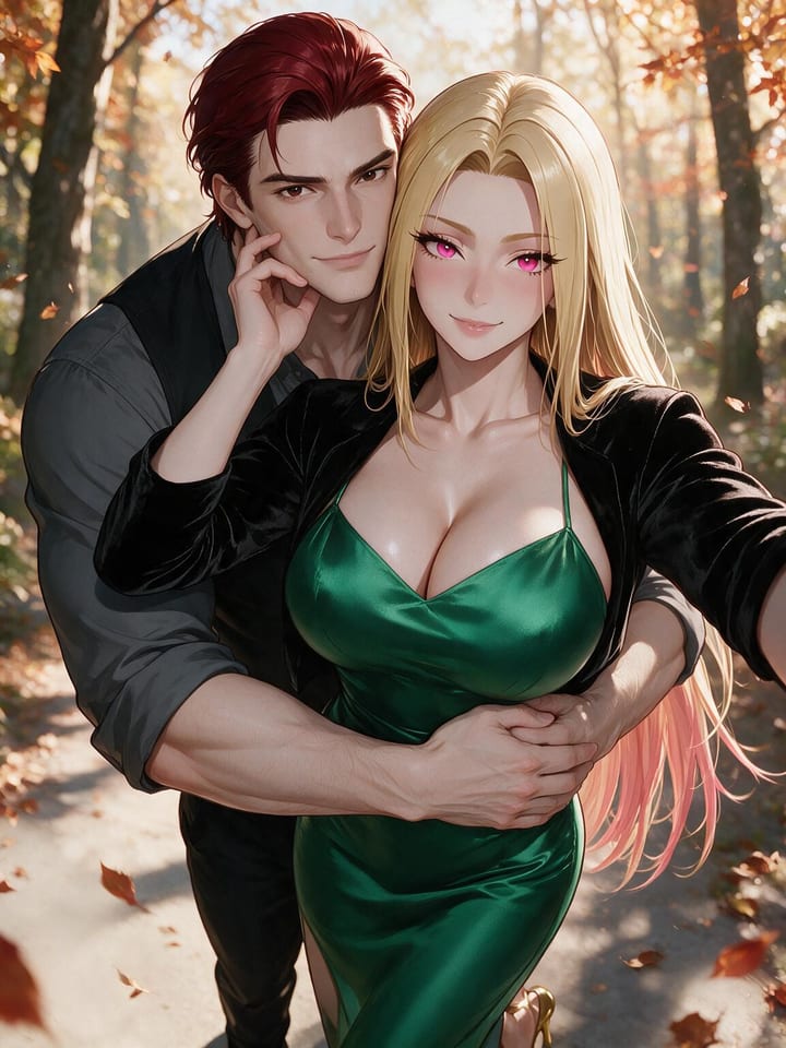 Anime girl Bianca taking a selfie in an emerald satin dress and black velvet blazer
