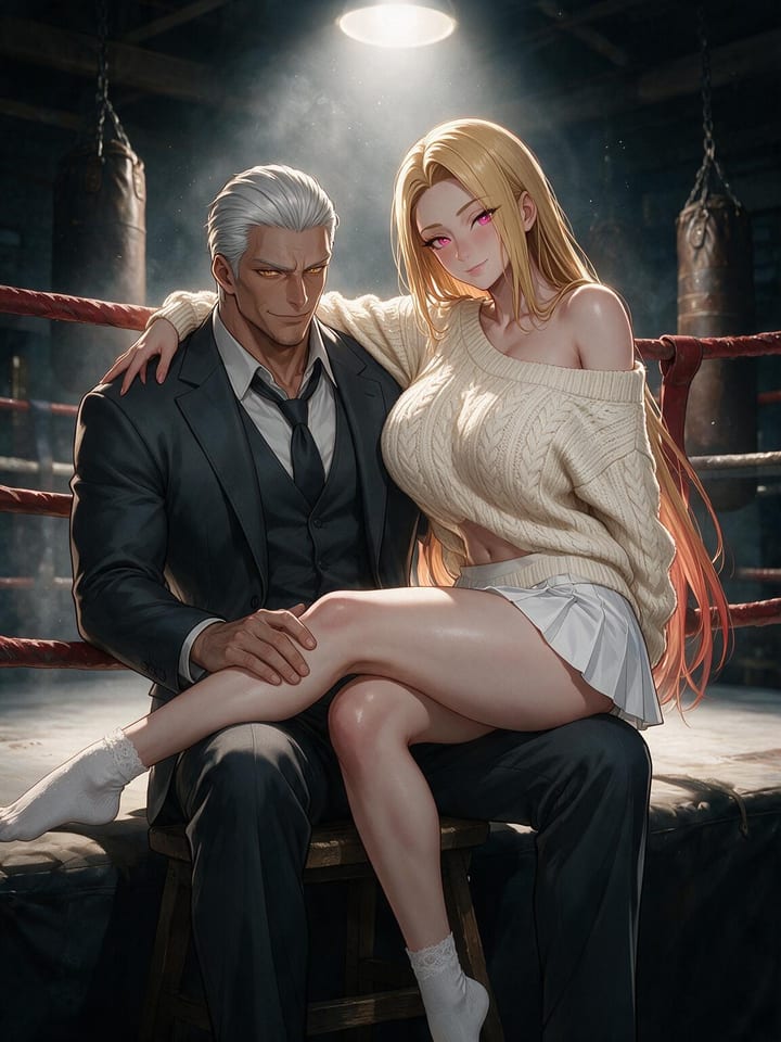 Anime girl Bianca sitting sideways on the lap of a silver-haired man in a dark suit inside a dim boxing ring