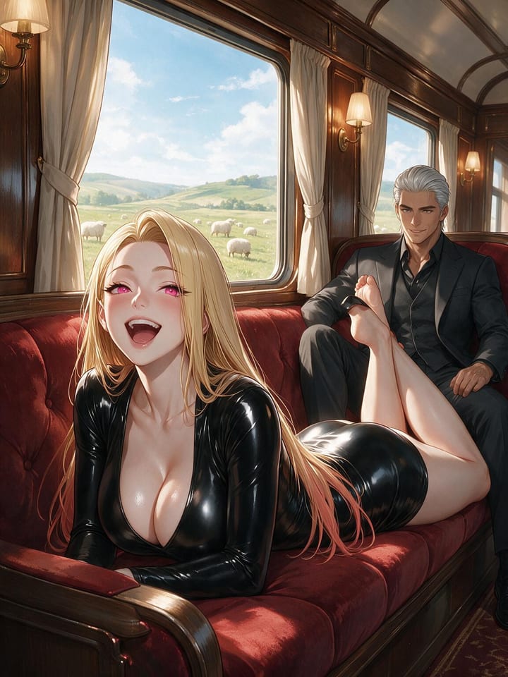 Anime girl Bianca laughing on a red velvet vintage train bench in a black latex V-neck mini dress