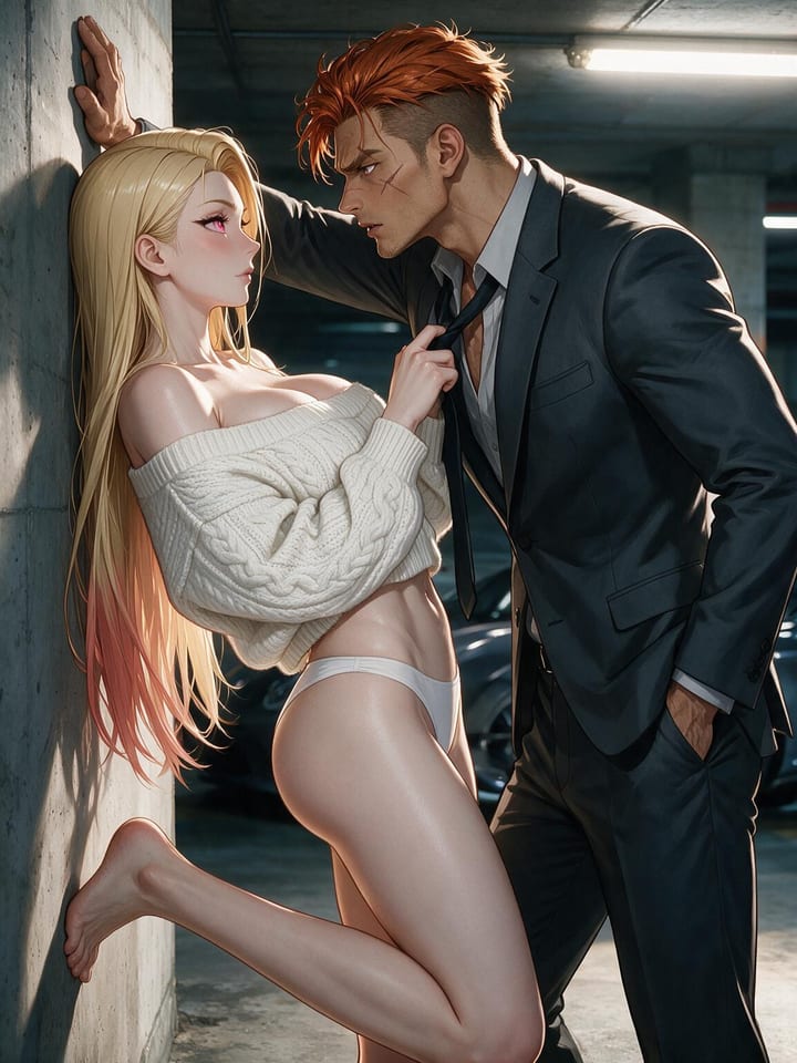 Anime girl Bianca pinned against a parking garage wall by a scarred red-haired man in a suit