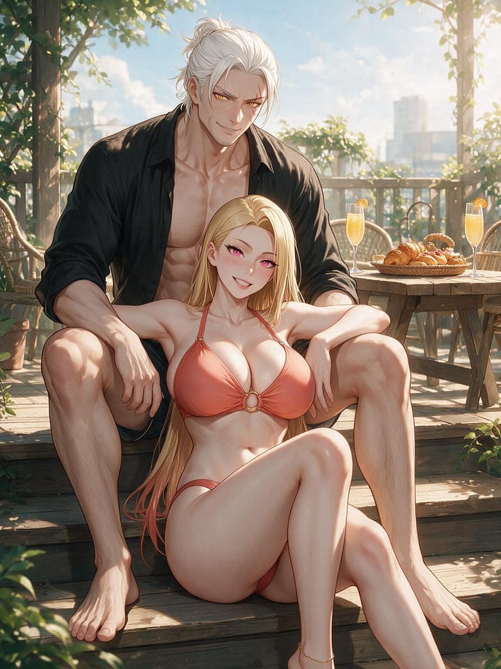 Anime girl Bianca in a coral ring bikini sitting between the knees of a white-haired man in an open black shirt