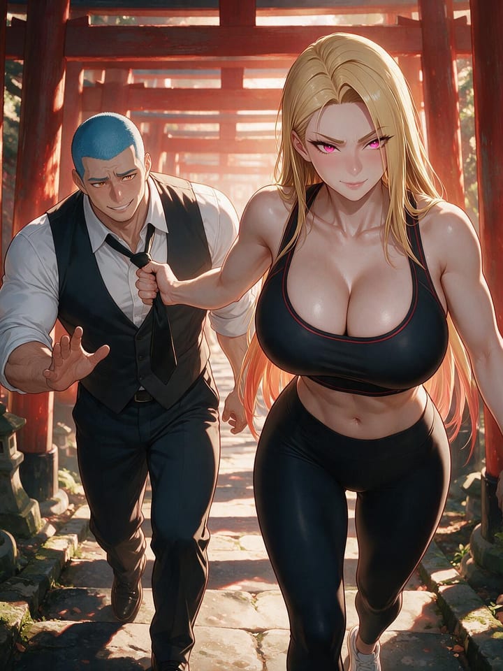 Anime girl Bianca in a black sports bra and leggings pulling a grinning blue-haired man by his tie under red torii gates