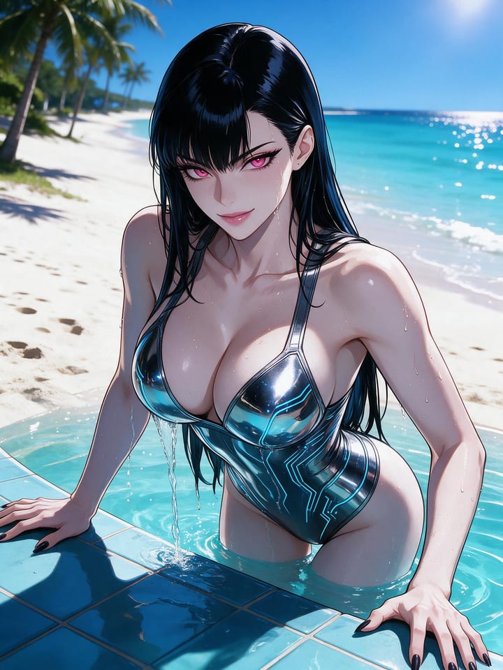 Busty anime girl Seraphina in a chrome sci-fi swimsuit with glowing cyan lines climbing out of a turquoise beach pool