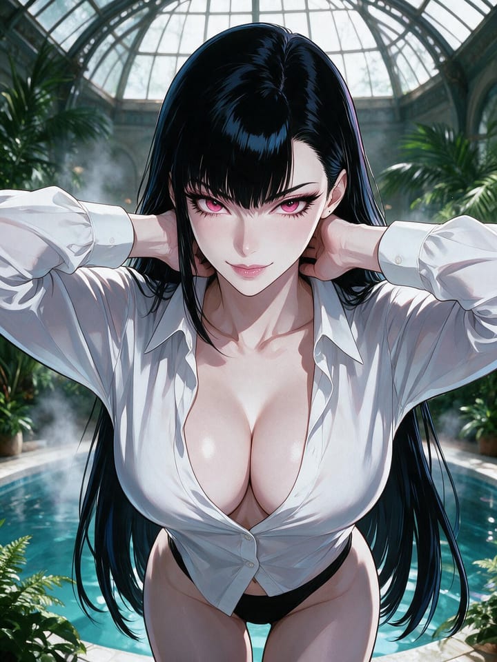 Busty anime girl Seraphina leaning in with an open oversized white shirt over black briefs beside a steamy indoor pool