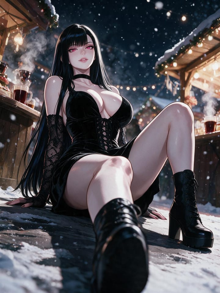 Busty gothic anime girl Seraphina in a black velvet corset dress and platform boots sitting in the snow at a night market