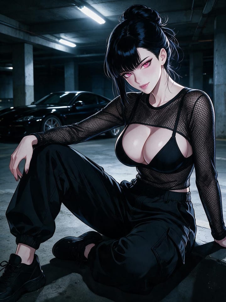 Busty anime girl Seraphina in a sheer mesh top over a black bralette and cargo pants sitting in a parking garage