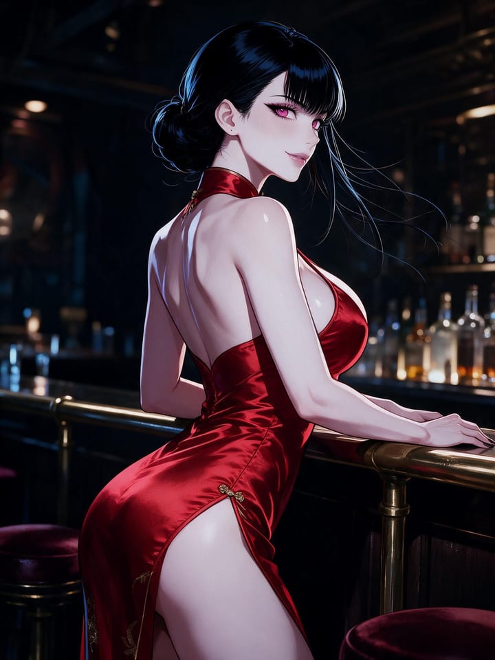 Busty anime girl Seraphina in a backless red satin qipao leaning on a bar rail and looking back over her shoulder