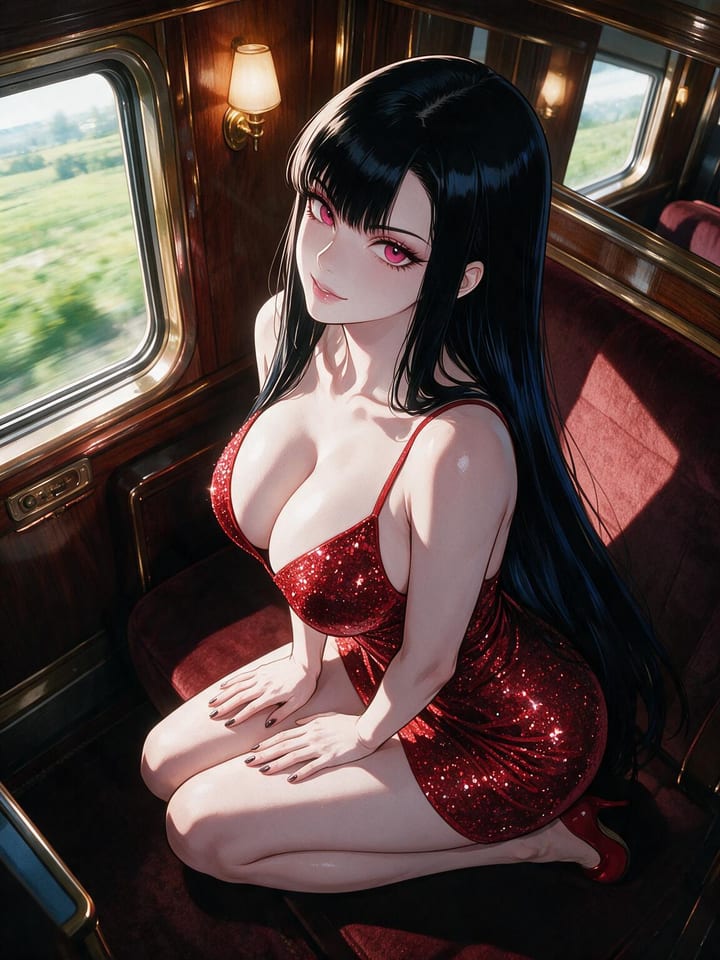 Busty anime girl Seraphina in a red sequin mini dress kneeling on a velvet seat in a vintage train compartment, looking up