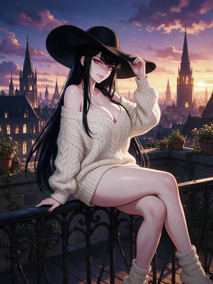 Busty anime girl Seraphina in an oversized off-shoulder sweater and black hat sitting on a rooftop rail at sunset