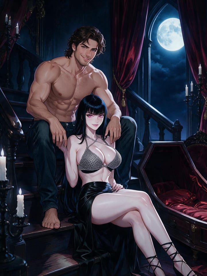 Anime girl Seraphina in a chain-mail halter and leather skirt on stairs between the knees of a shirtless man, moonlit parlour