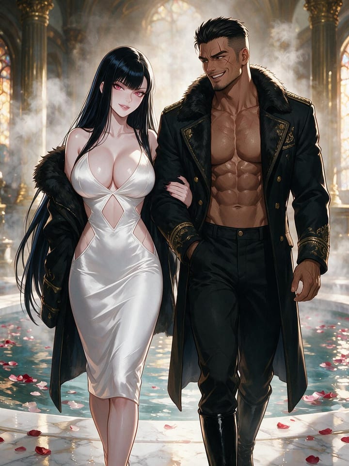 Anime girl Seraphina in a white cut-out dress and military coat walking arm in arm with a shirtless man in a palace bath