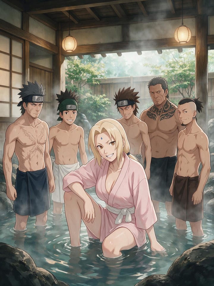 Tsunade from Naruto in a pink yukata crouching in a bathhouse pool with five shirtless Konoha shinobi standing behind her