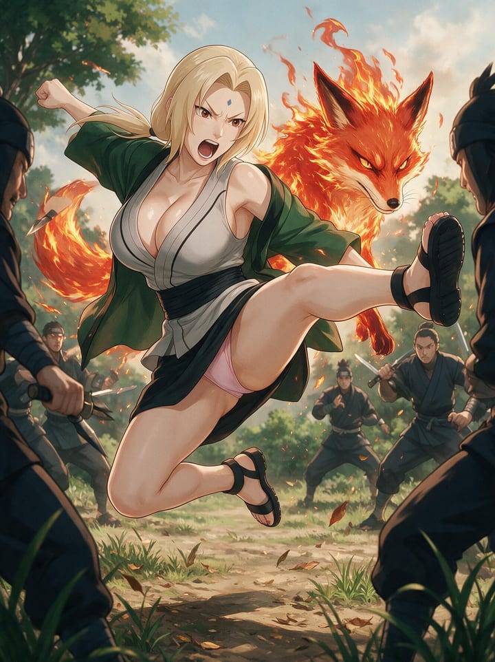 Tsunade from Naruto delivering a flying kick against enemy ninja with a blazing fox spirit behind her