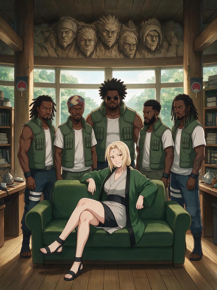 Tsunade from Naruto sitting cross-legged on a green couch with five Konoha shinobi in flak jackets standing behind her
