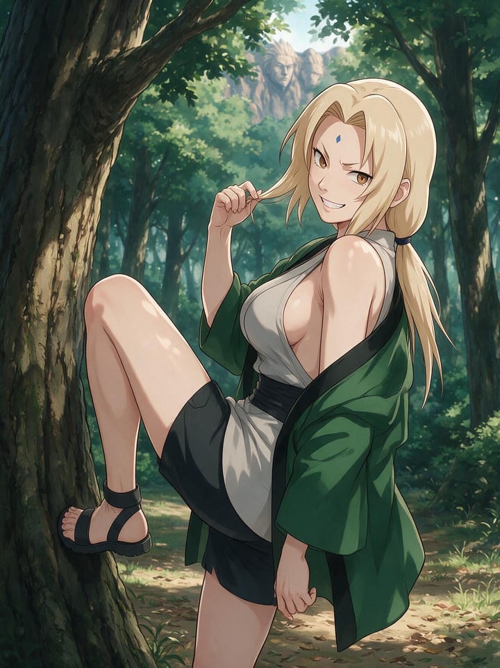 Tsunade from Naruto with one foot against a forest tree, twirling her ponytail and grinning, Hokage Rock in the background