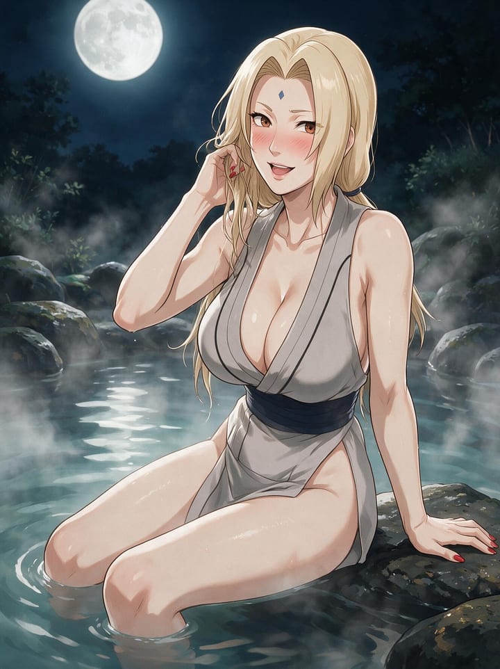 Tsunade from Naruto sitting on a rock in a steaming hot spring under the full moon, blushing and brushing back her hair