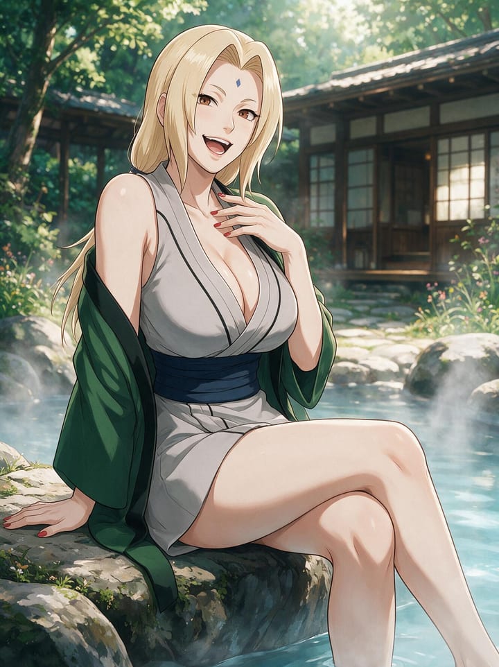 Tsunade from Naruto sitting cross-legged on a rock by a hot spring, laughing, green haori slipping off her shoulders