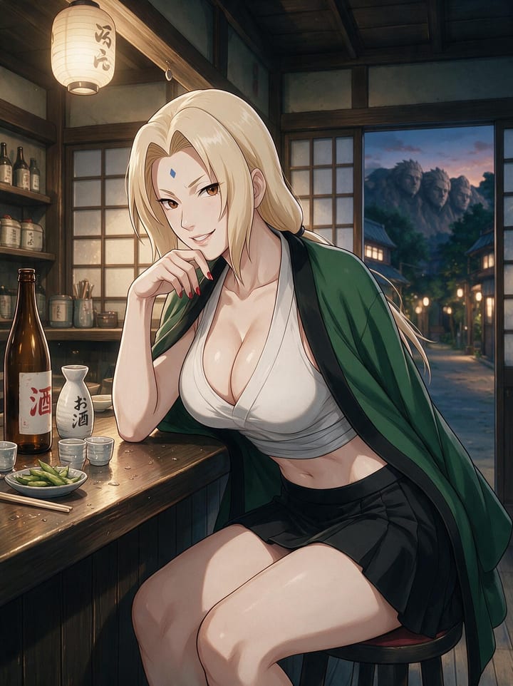 Tsunade from Naruto sitting at an izakaya bar at night with sake, chin in hand, green haori over a white top